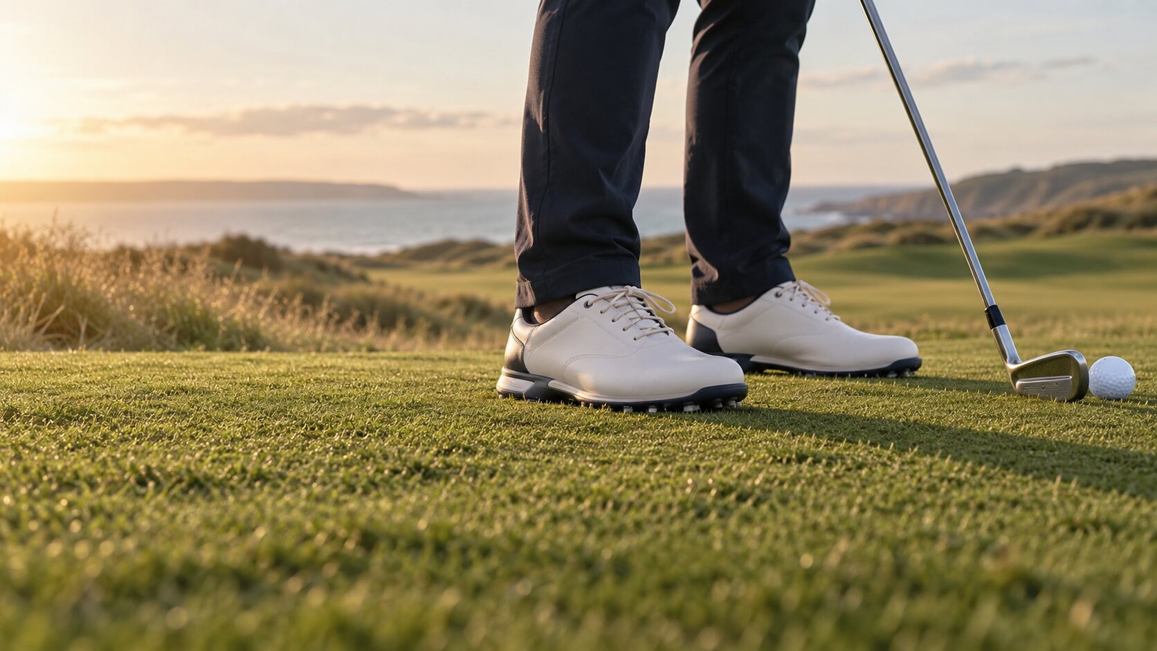 Golfschoenen op kort gras bij address in warm avondlicht.